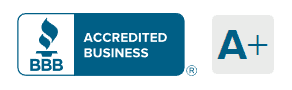 A blue and white logo for an accredited business.